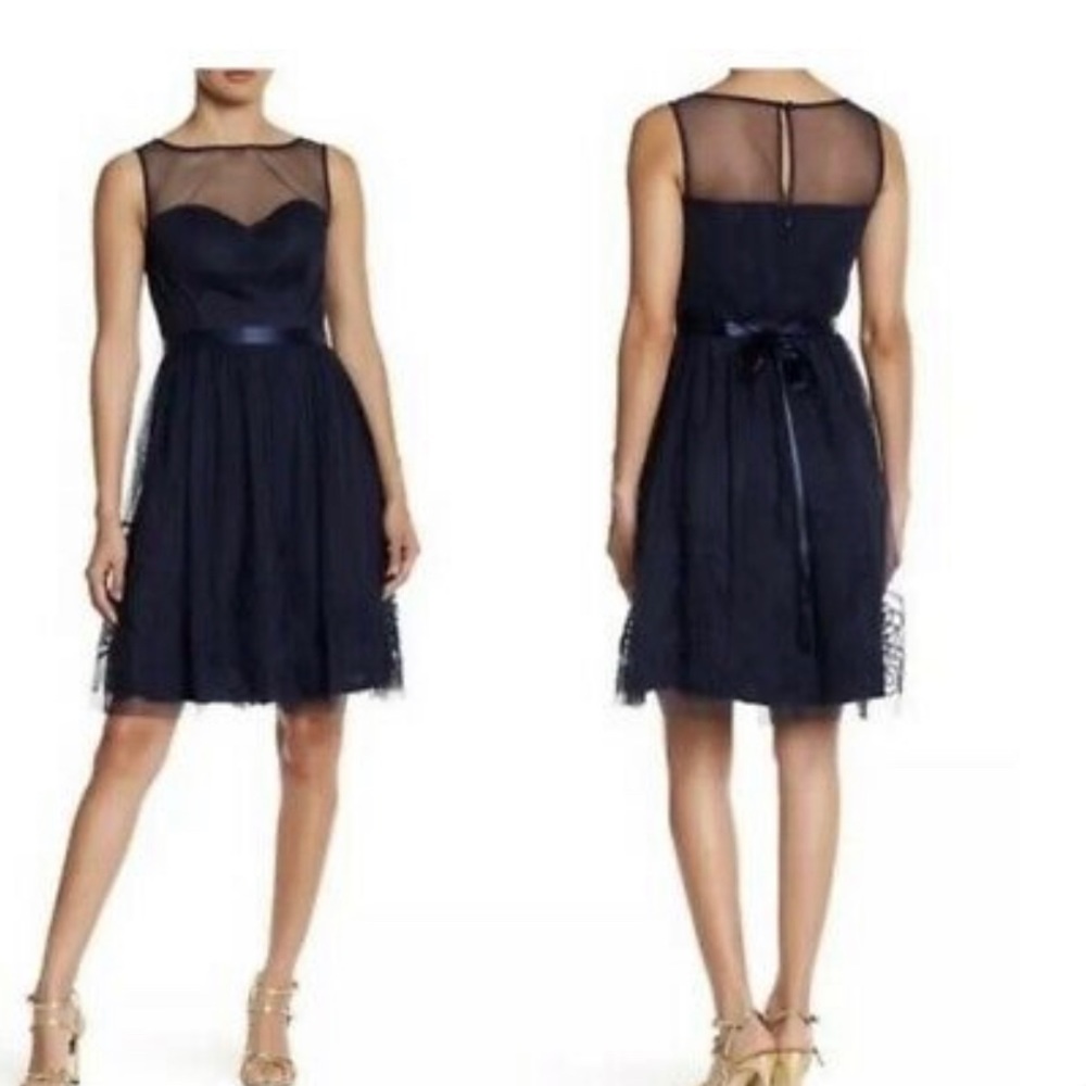 Illusion Neckline Navy Dress